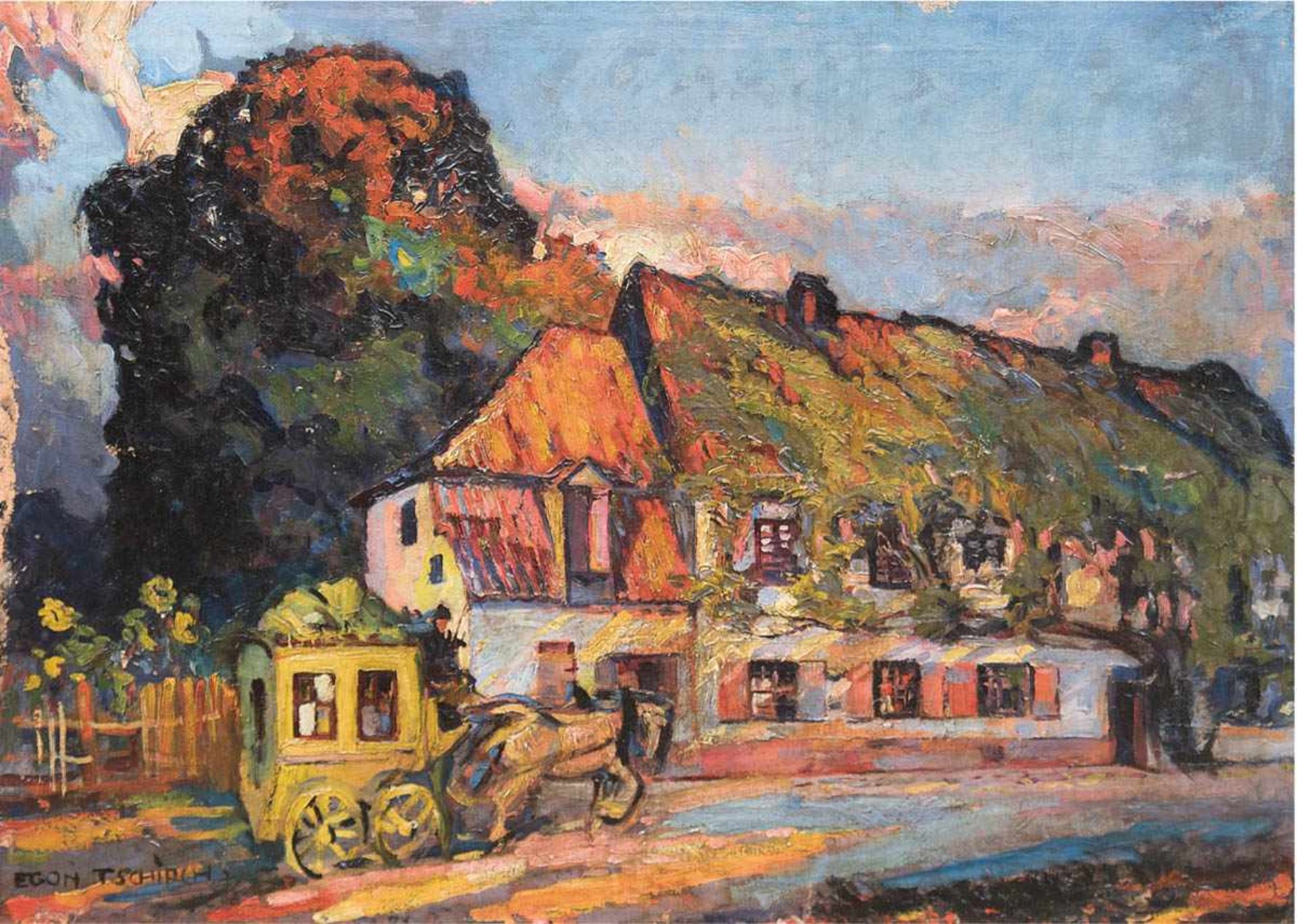 Tschirch, Egon (1889 Rostock-1948 Rostock) "Kutsche vor Rostocker Restaurant "WeißesKreuz", um