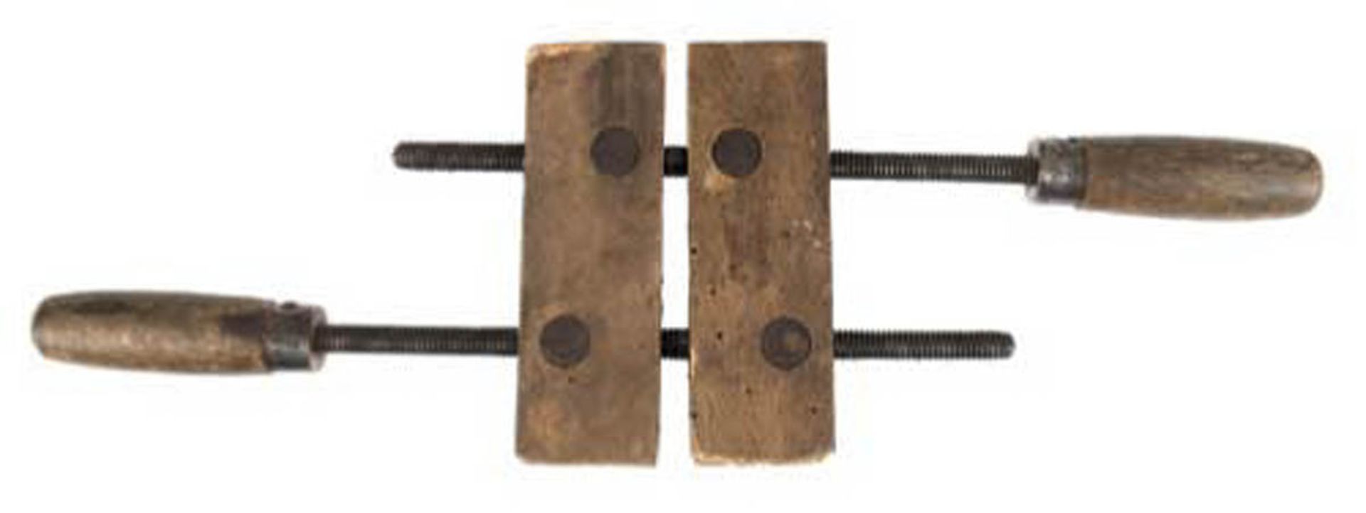 Alte Schraubzwinge, Holz mit Eisenspindeln, 44x14 cm