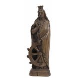 Holzfigur "Heilige mit Steuerrad", um 1860, Eichenholz geschnitzt, Reste alter Fassung, H.59