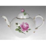 Meissen-Teekanne, Rote Rose, Goldrand, 2 Schleifstriche, Deckel ergänzt, H. 16 cm- - -23.80 %