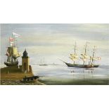 Marinemaler "Segelschiffe vor der Mole", Öl/Hf., unsign., 31x52 cm, Rahmen- - -23.80 % buyer's