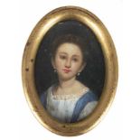Miniaturmalerei "Porträt einer jungen Dame", Öl/H., im ovalem, vergoldetemStandbilderrahmen, 9x7 cm-