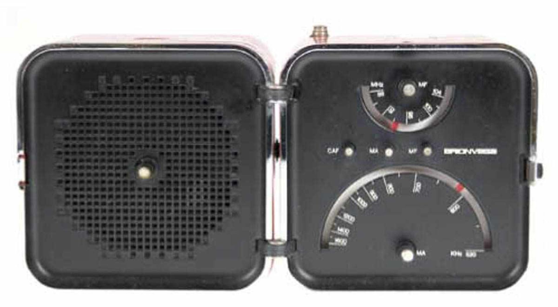 Design-Radio "Brionvega TS 502", Italien um 1970, rotes ausklappbares Kunststoffgehäusemit