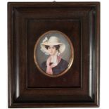 Miniaturmalerei, Frankreich um 1850 "Bildnis einer Dame mit Hut und rosa Schal", Temperaauf Bein,