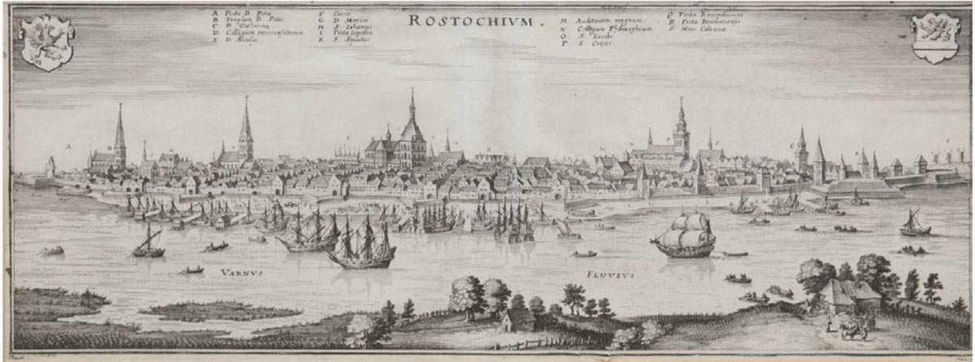 "Rostock", Blick über die Warnow vom Gehlsdorfer Ufer aus, Kupferstich, kl. Loch unten amRand der