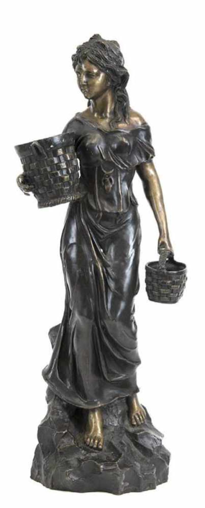 Bronze-Figur "Junge Frau mit Körben", 20. Jh., auf Sockel, H. 68 cm- - -23.80 % buyer's premium on