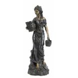 Bronze-Figur "Junge Frau mit Körben", 20. Jh., auf Sockel, H. 68 cm- - -23.80 % buyer's premium on