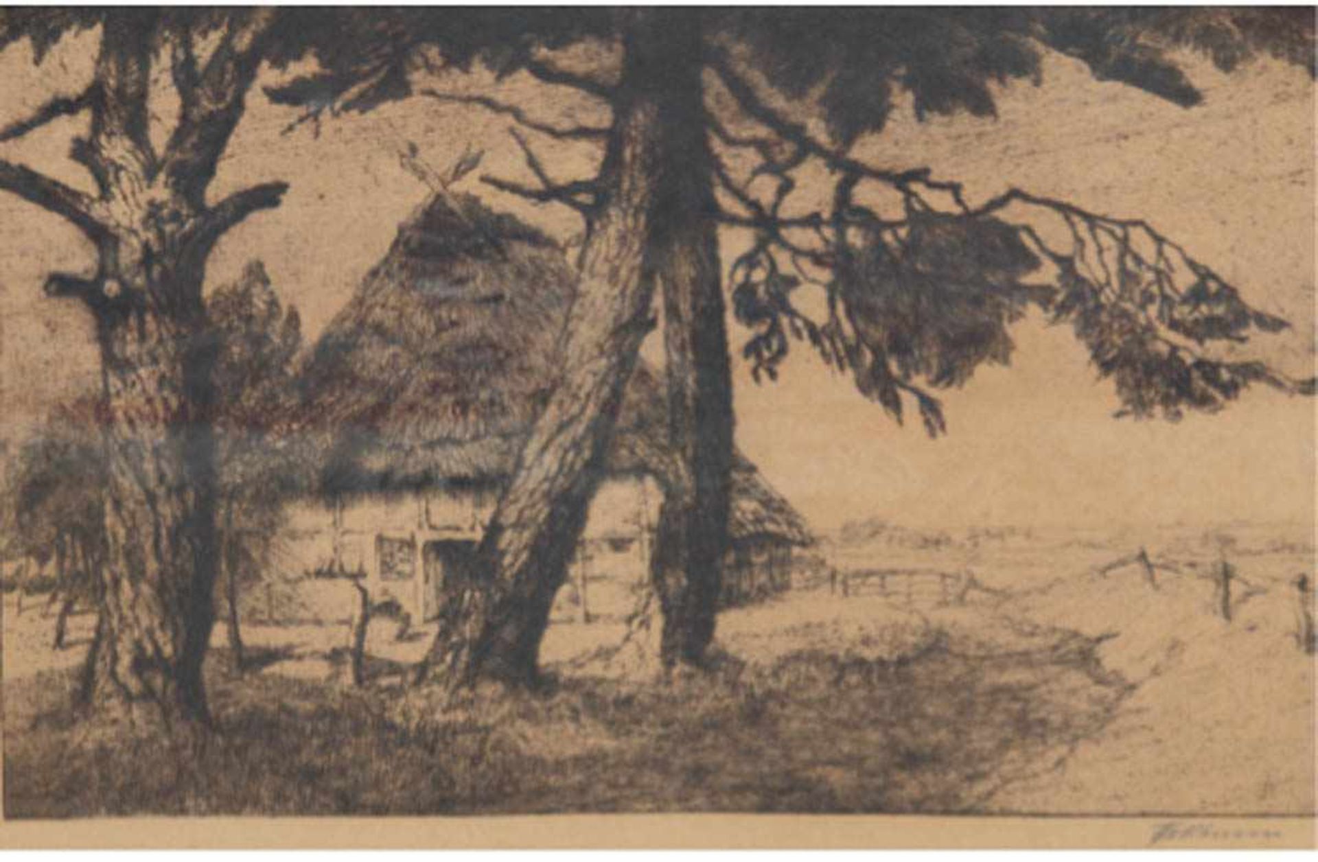 Feldhusen, Anna (1867 Bremen-1951 ebenda) "Bauernkate", Radierung, sign. u.r., 225x33,5cm, im