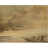 Engling (20. Jh.) "Fischer bei ihren Booten am Strand", Öl/Mp., signiert und datiert '46auf Boot,