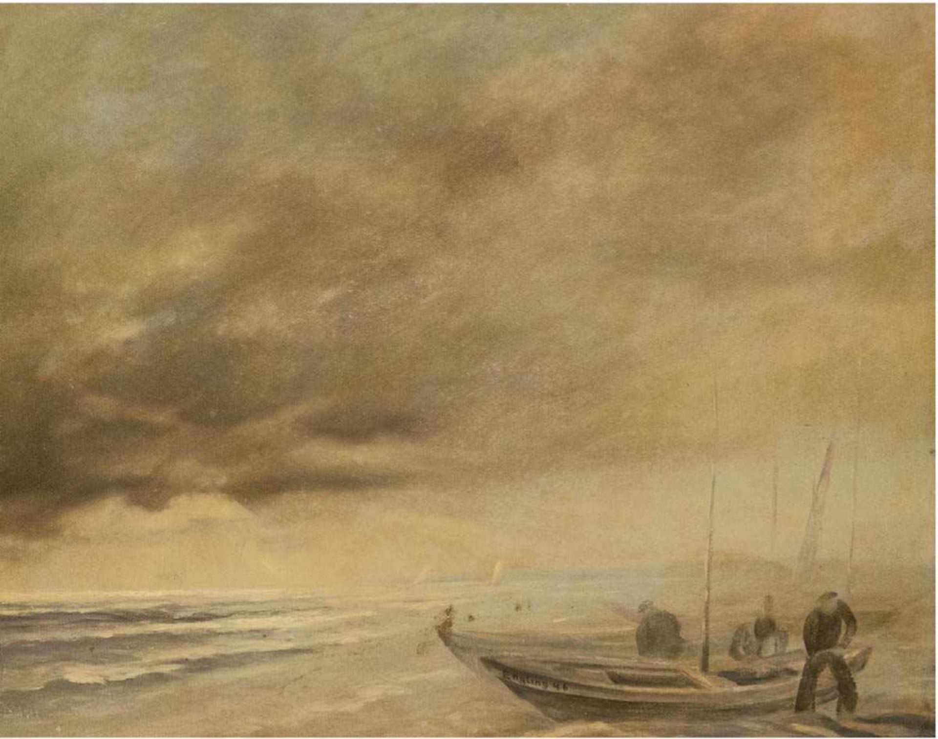 Engling (20. Jh.) "Fischer bei ihren Booten am Strand", Öl/Mp., signiert und datiert '46auf Boot,