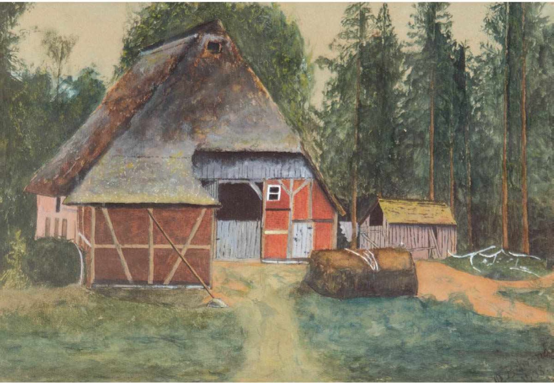 Behrends, O. (Landschaftsmaler um 1900) "Reetgedecktes Fachwerkhaus am Waldrand",Aquarell, sign. und