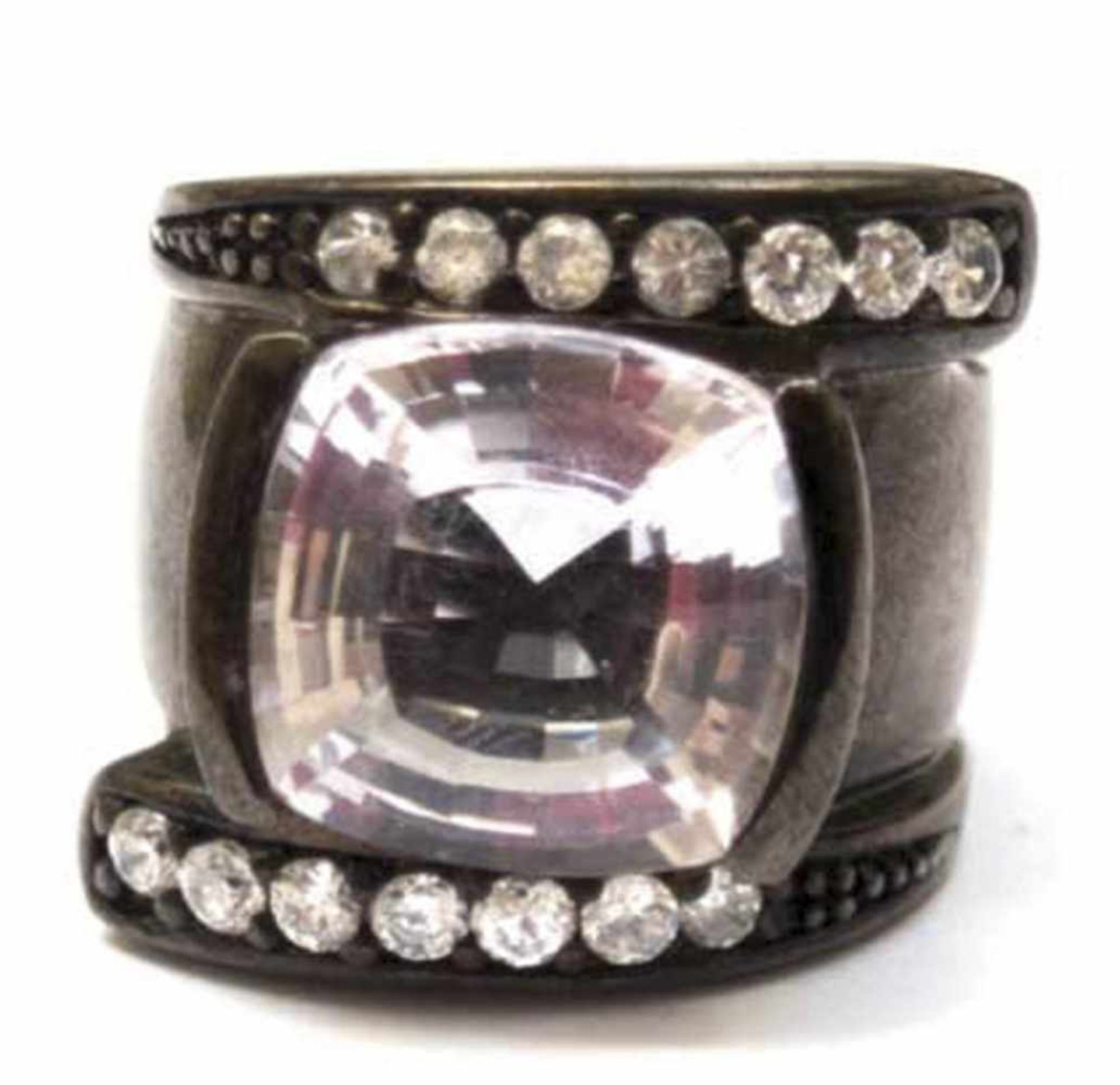 Ring, Einzelstück, 925er AG, black Rhodium, großer, rosa Topas, weißer Quarz imBrillantschliff, RG