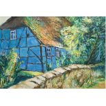 Gundermann "Blaues Haus mit Reetdach", Öl/Lw., sign. u.r. und dat.'95, 68,5x100 cm, Rahmen- - -23.80