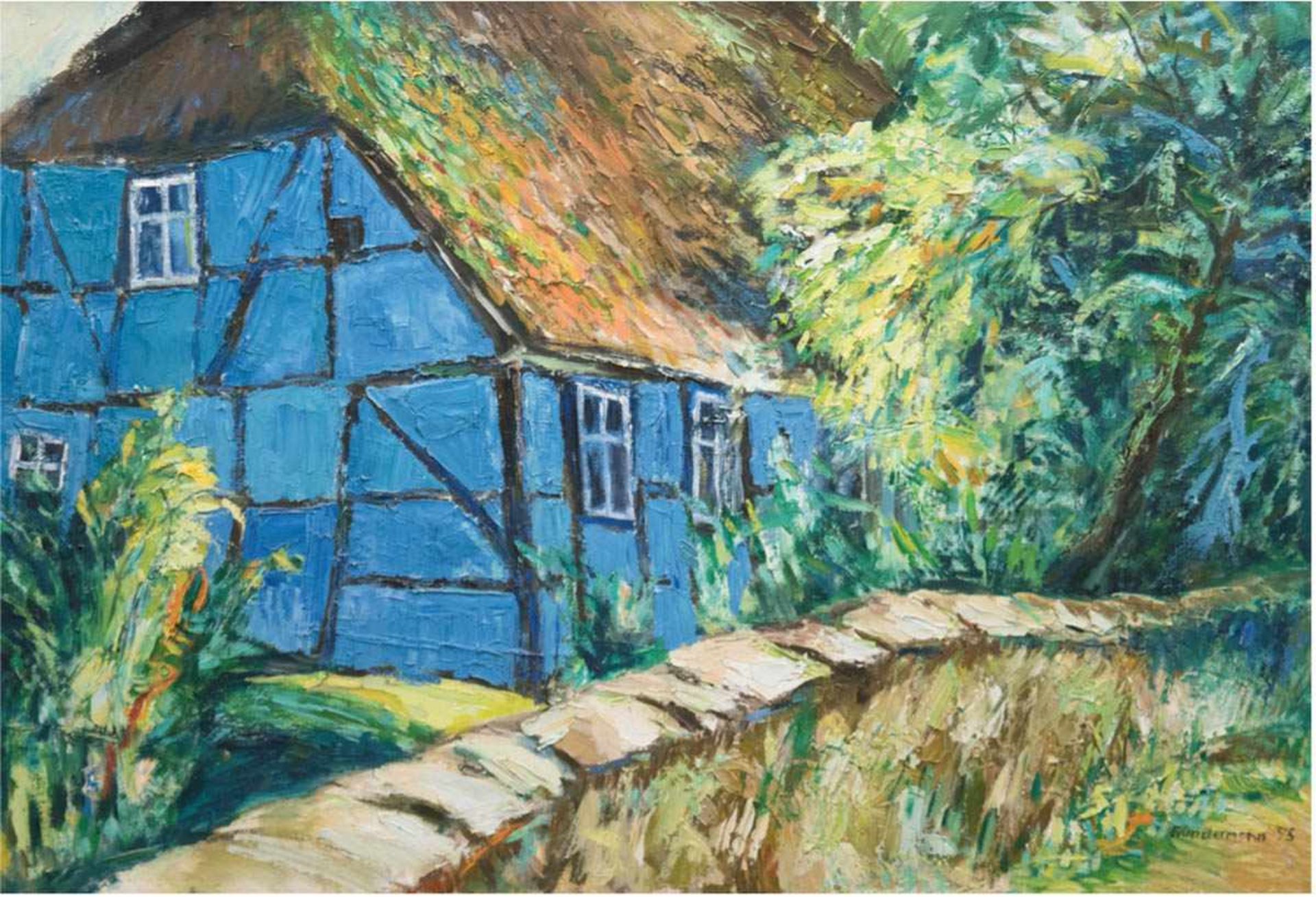 Gundermann "Blaues Haus mit Reetdach", Öl/Lw., sign. u.r. und dat.'95, 68,5x100 cm, Rahmen- - -23.80