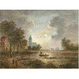 Maler des 19. Jh. "Abendstimmung am See mit Personenstaffage", Öl/Holz, unsigniert, 18x22cm, Rahmen-