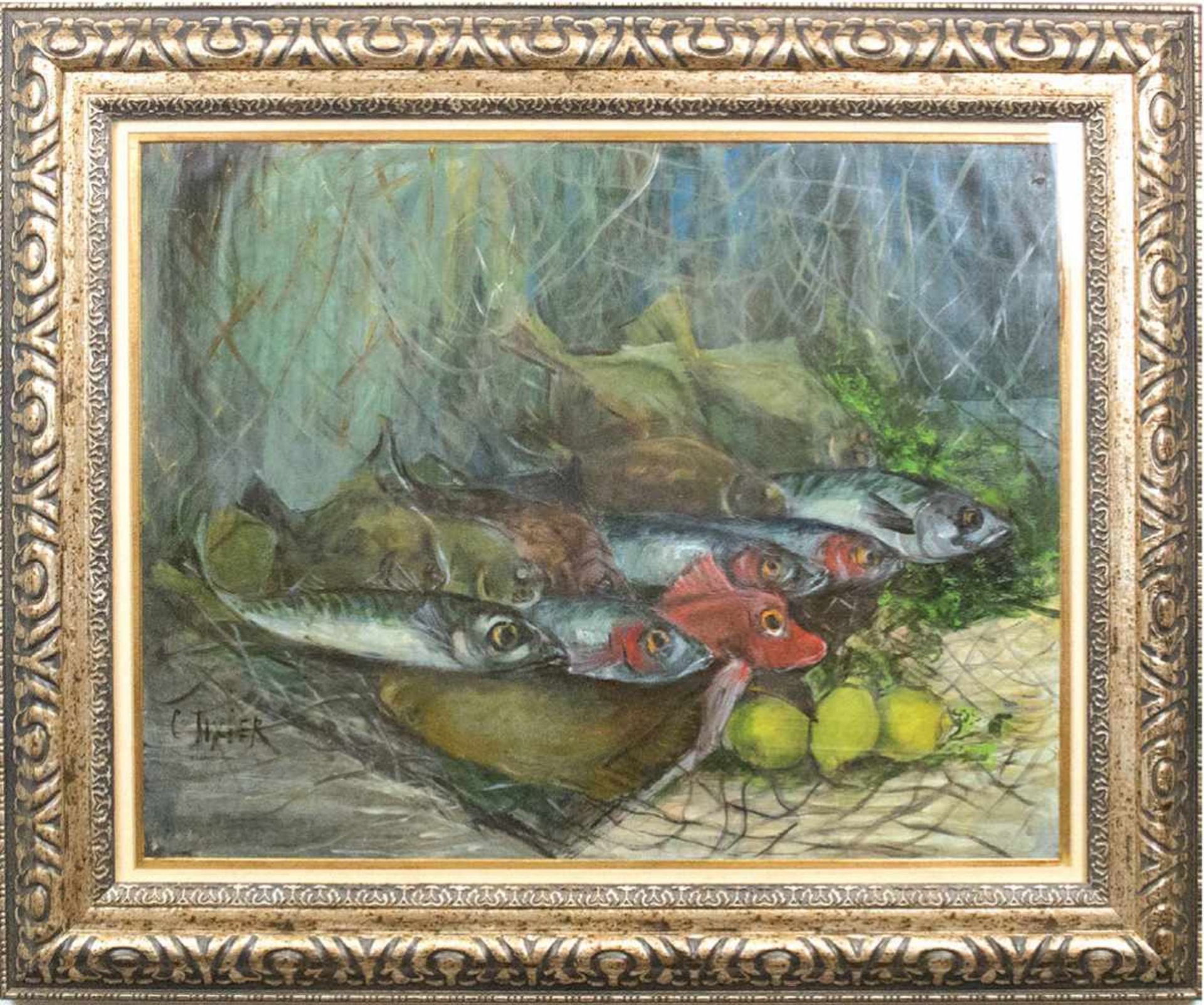 Tixier (Franz. Maler frühes 20. Jh.) "Fischstilleben", Öl/Papier, sign. u.l., 50x64 cm,hinter Glas