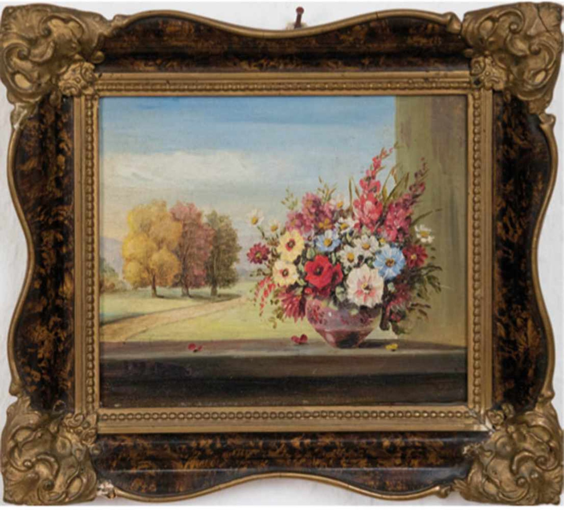 Maler des 20. Jh., Pendants "Blumenstilleben am Fenster mit Landschaftshintergrund",Öl/Mp., 1x