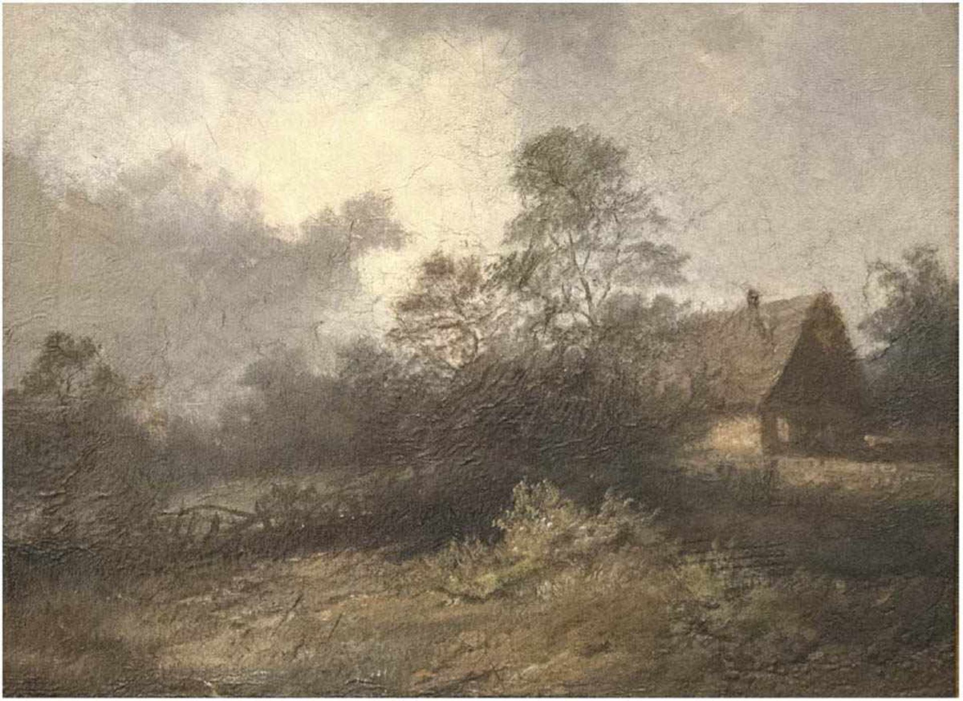 Romantiker des 19. Jh. "Landschaft mit Bauernhaus", Öl/Lw./Holz, unsign., 20x27 cm, Rahmen- - -23.80