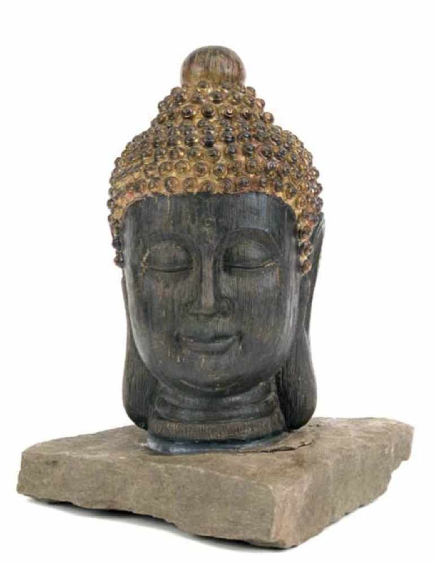 Gartenfigur "Buddha", Holz geschnitzt, auf Naturstein, wetterfest, H. 33,5 cm- - -23.80 % buyer's