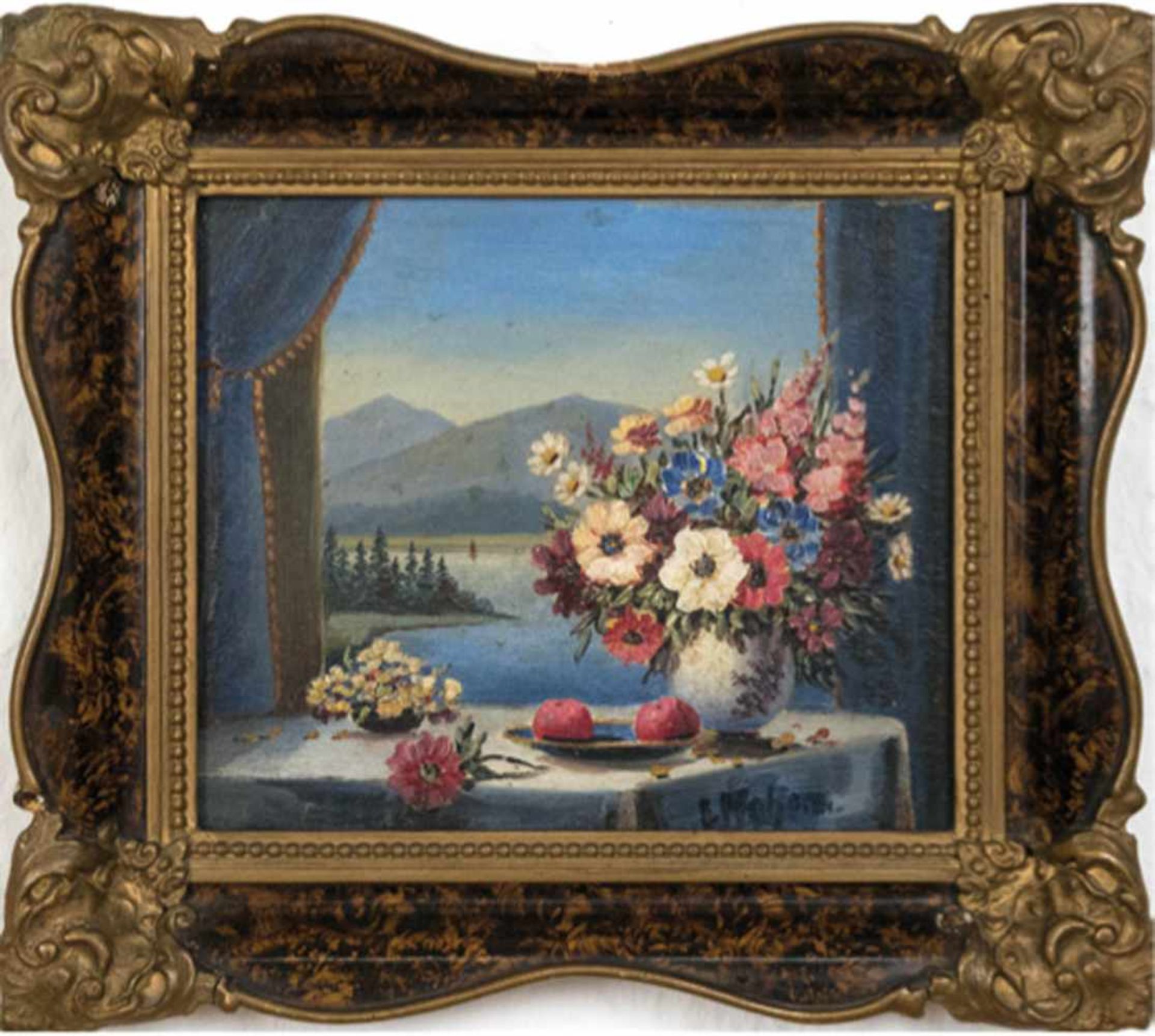 Maler des 20. Jh., Pendants "Blumenstilleben am Fenster mit Landschaftshintergrund",Öl/Mp., 1x - Bild 2 aus 2