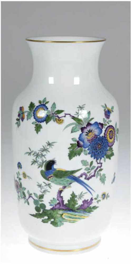 Meissen-Vase, Indische Fels-, Blumen- und Vogelmalerei, bunt mit Kupferfarben, Goldrand,1. Wahl,