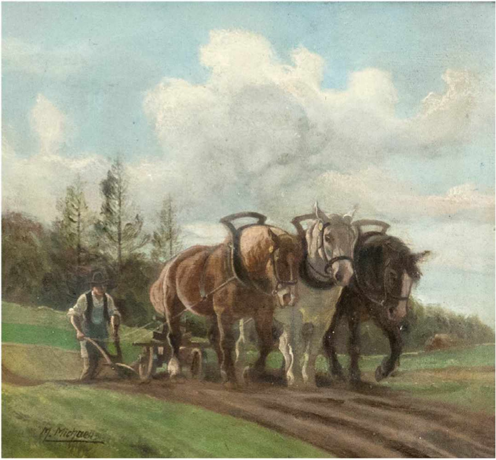 Michaelis, M. "Drei Pferde vor dem Pflug", Öl/Hf., sign. u.l., 20x20 cm, Rahmen- - -23.80 % buyer'