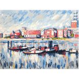 "Boote am Hafenanleger", Öl/Hf., unsign., 50x65 cm- - -23.80 % buyer's premium on the hammer