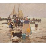 Herrmann, Hans (1858 Berlin-1942 ebenda) "Fischmarkt an der Zuiderzee", Öl/Lw., sign.u.r., verso auf