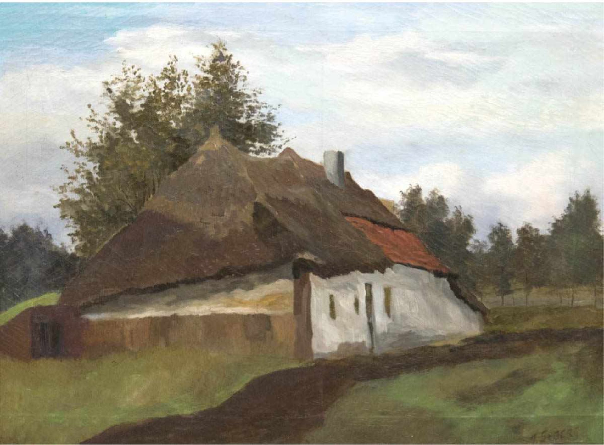 Segers, A. (um 1900) "Reetdachkate im Herbst", Öl/Lw., sign. u.r., mehrere Hinterlegungen,58x76