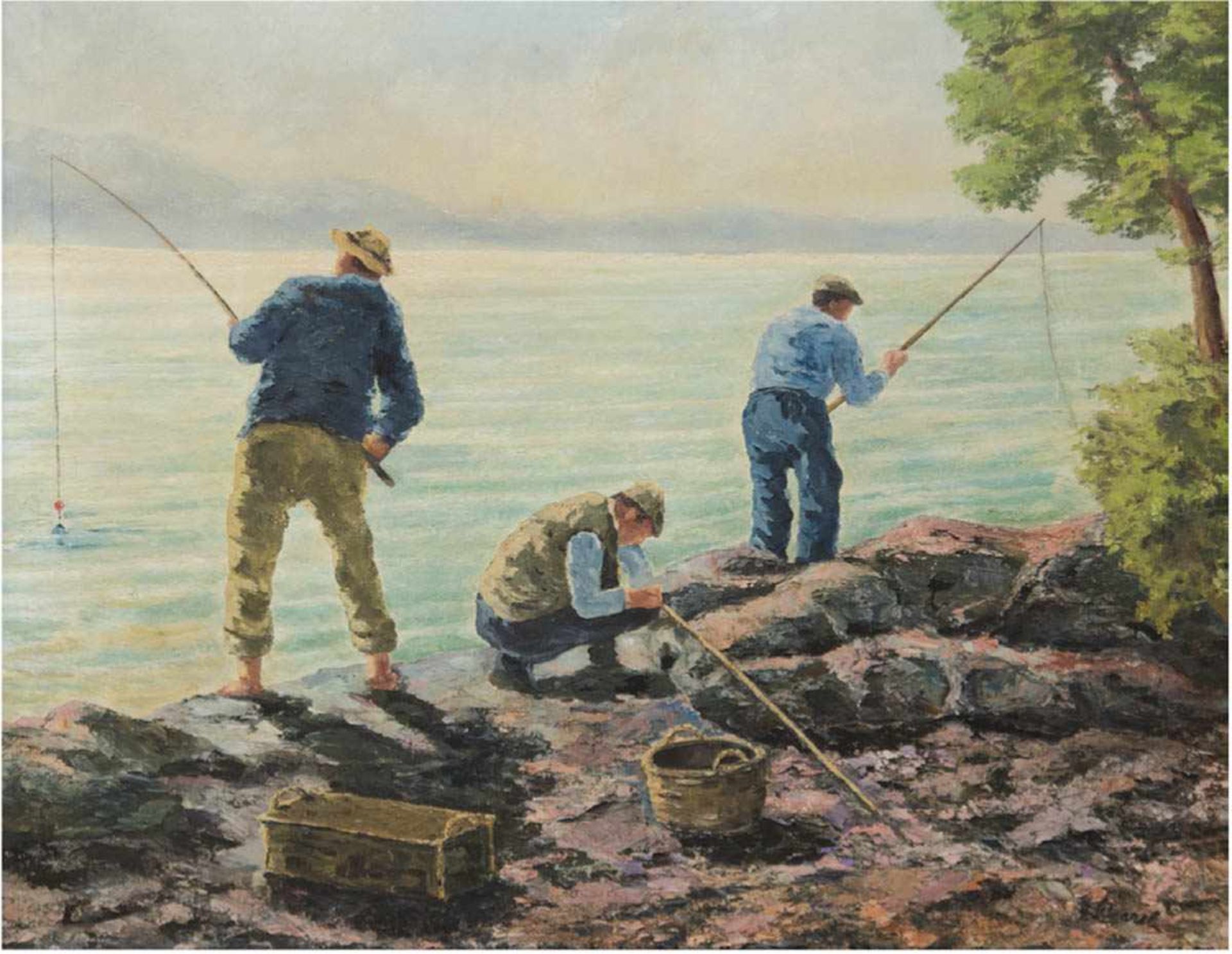 Wenzel (20. Jh.) "Drei Angler am felsigen Seeufer", Öl/Lw., signiert u.r., 48x58 cm,Rahmen- - -23.80