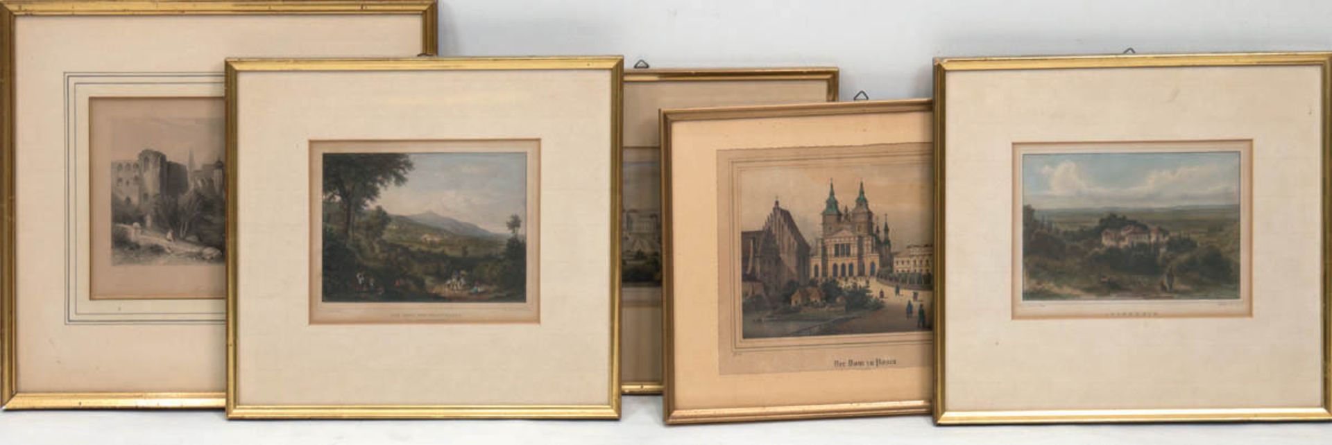 5 Stiche bzw. Litho, Städte und Landschaftsansichten wie Moritzburg Halle, Teil derBergstraße, Dom