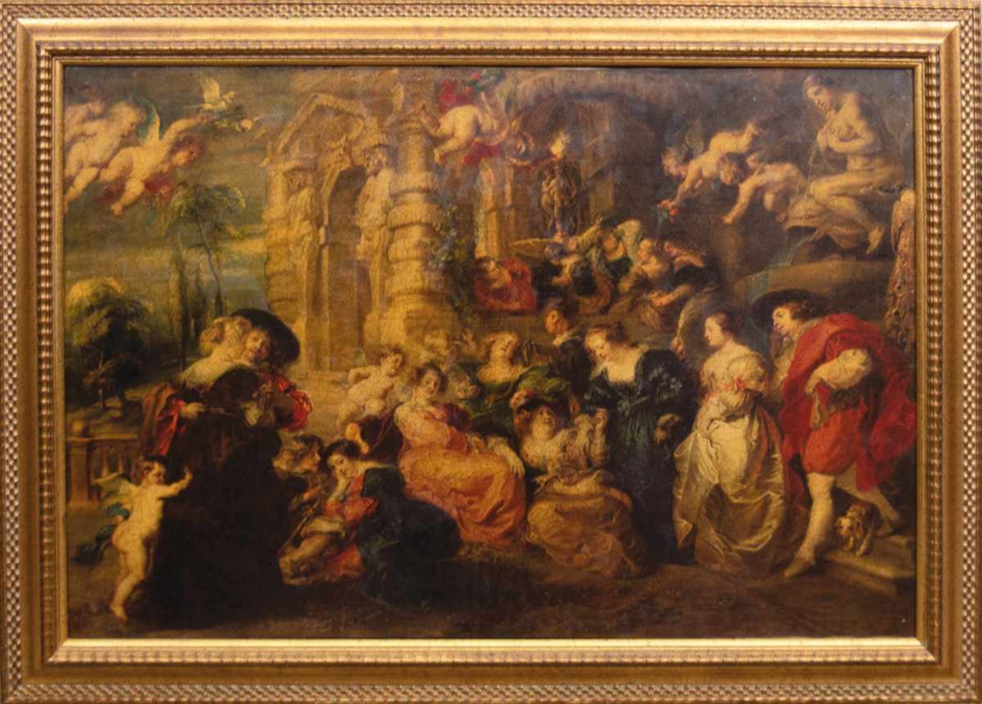 Großer Kunstdruck, Italien 20. Jh. nach Peter Paul Rubens "Der Liebesgarten", Öl/Lw.,69x99 cm,