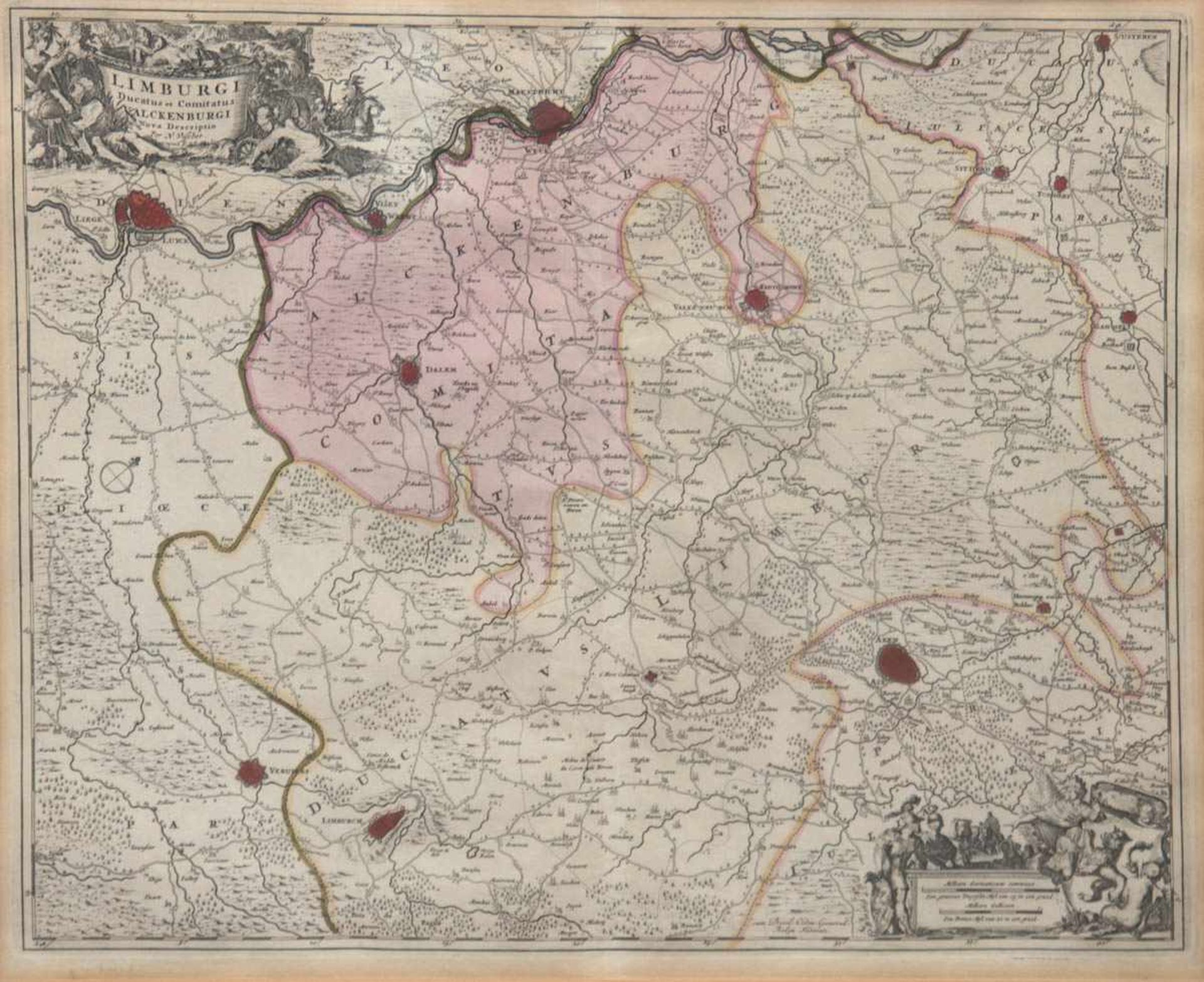 Landkarte 18. Jh. "Limburgi Ductus et Comitatus Valckenburgi", P.Visscher, z.T.handkoloriert,