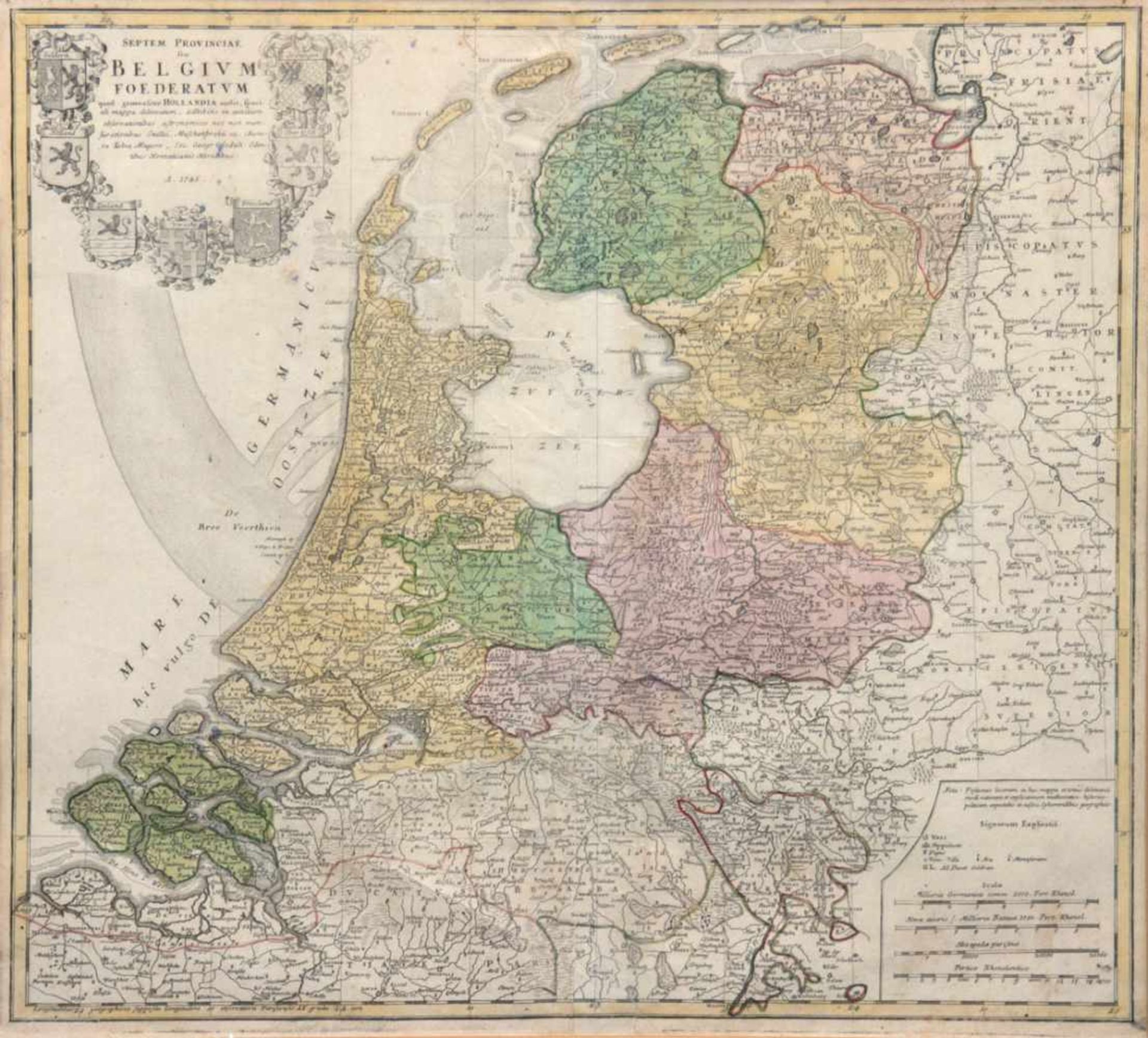 Landkarte 18. Jh., "Belgium Foederatum", Homann Erben 1748, z.T. handkoloriert, 48x52 cm,hinter Glas