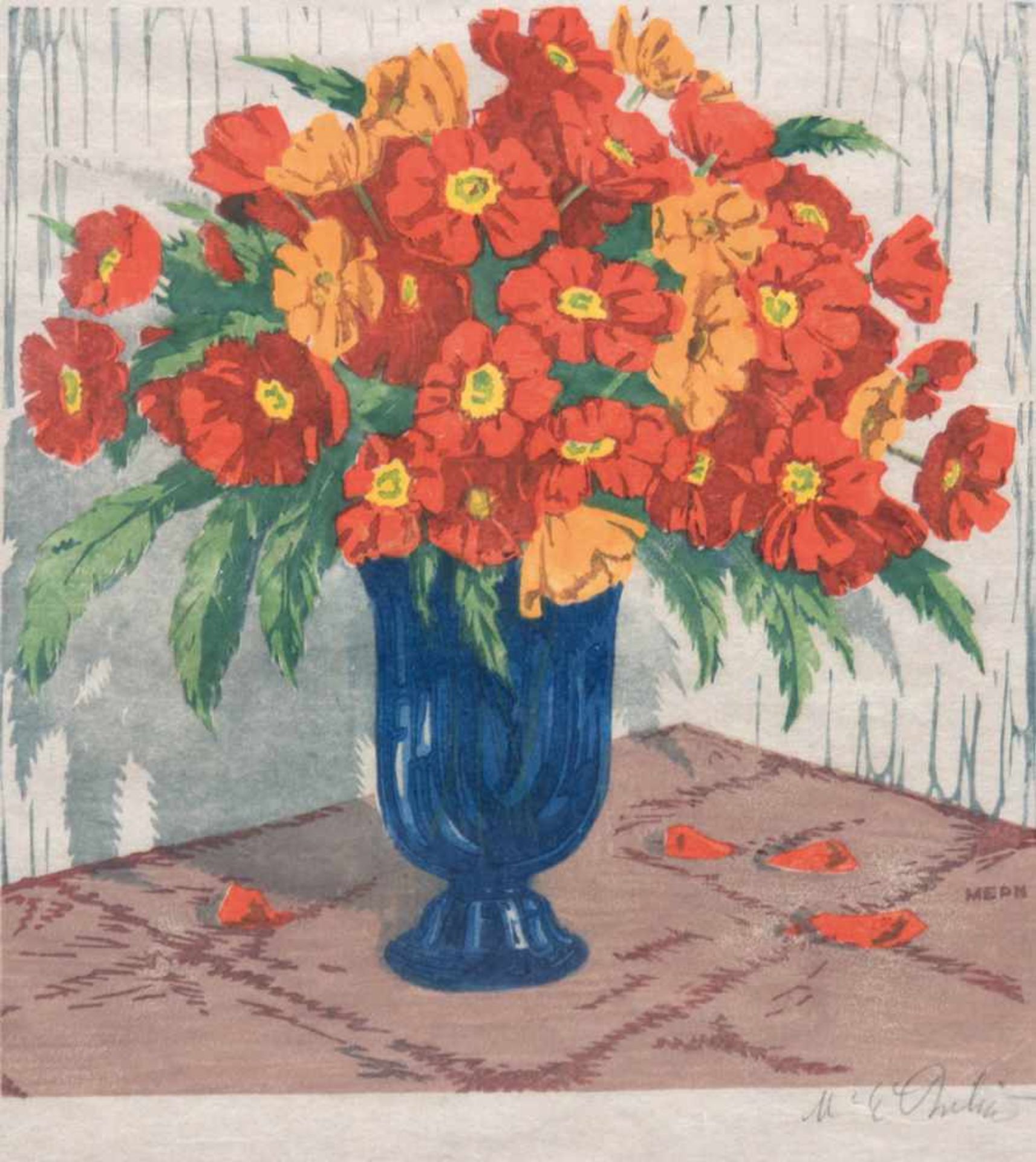 Philipp, Martin Erich (1887-1978) "Blumenstauß in der Vase", Farbholzschnitt, in derPlatte