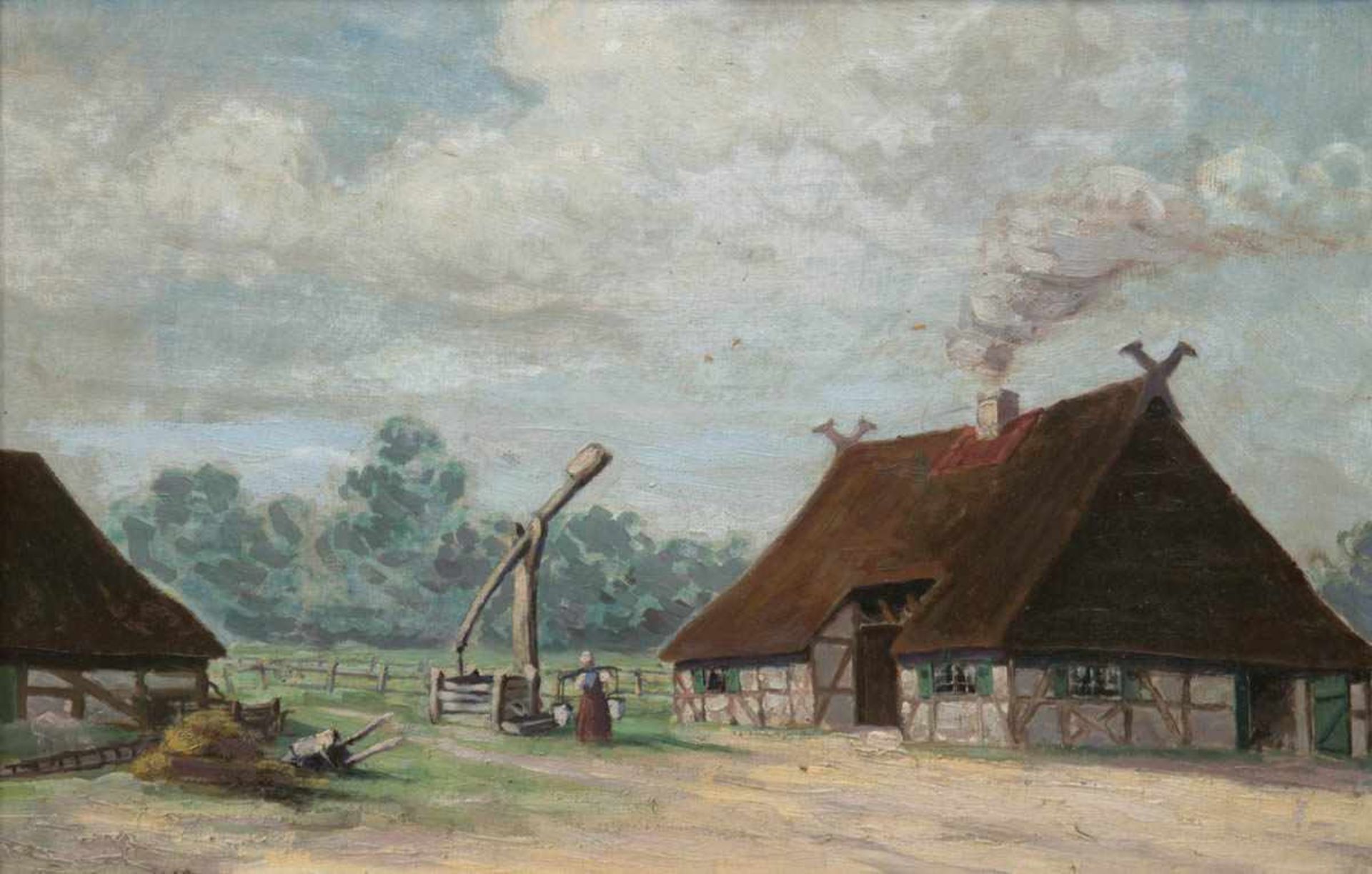 Norddeutscher Maler des 19./20. Jh. "Mecklenburger Bauernhof mit Ziehbrunnen", Öl/Mp.,dat. 1912 u.