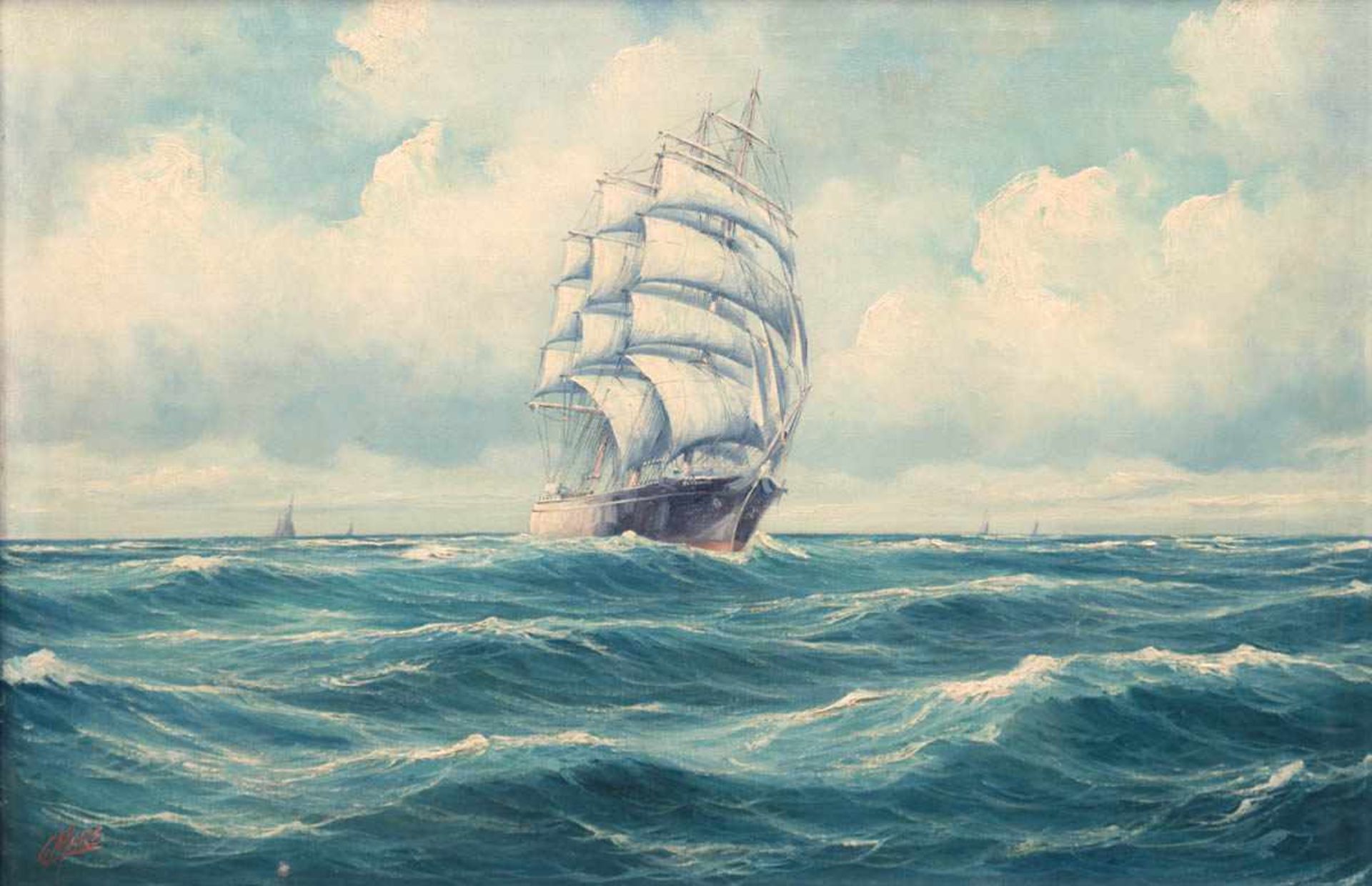 Mare, C. (20. Jh.) "Segelschiff auf See", Öl/Lw., sign. u.l., rücks. bez., 54x81 cm,Rahmen- - -23.80