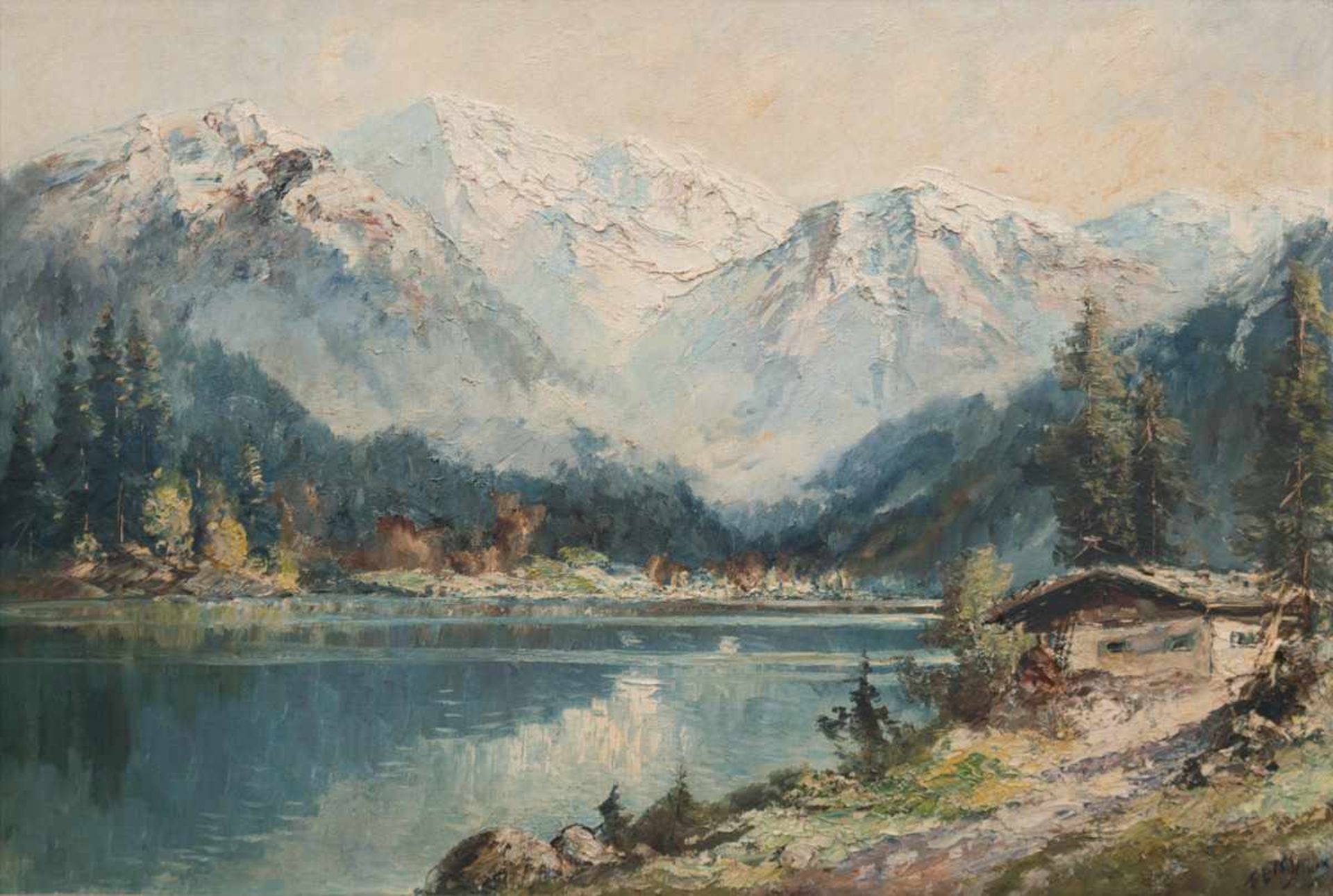 Stöver, Paula (1916 Bremen-?) "Hütte an einem Bergsee", Öl/Lw., sign. u.r., 70,5x100,5 cm,
