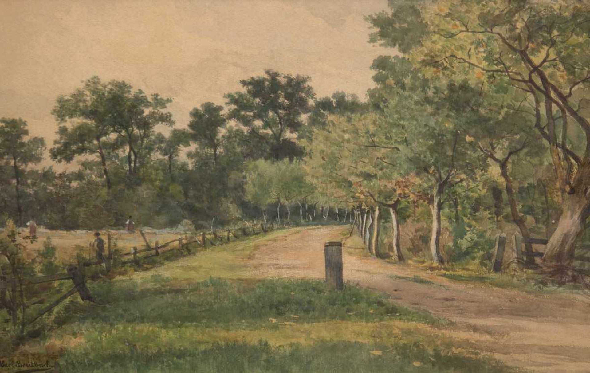 Breitbach, Carl (1833-1904) "Waldweg mit Blick auf ein Feld bei der Ernte",Aquarell/Papier, sign.