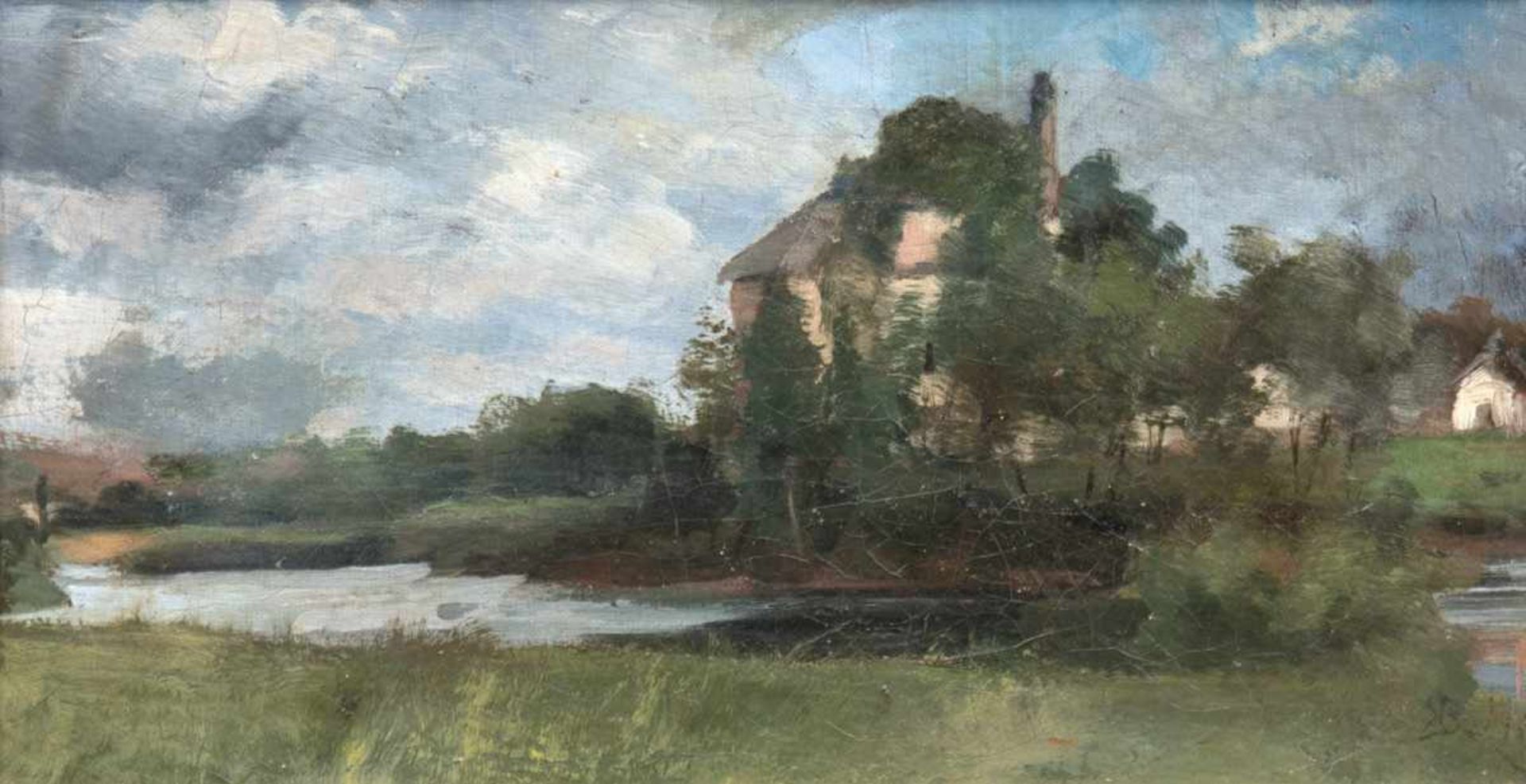 Impressionist "Villa am Fluß". Öl/Lw., monogr. "SB" u.r., 21x36 cm, Rahmen- - -23.80 % buyer's