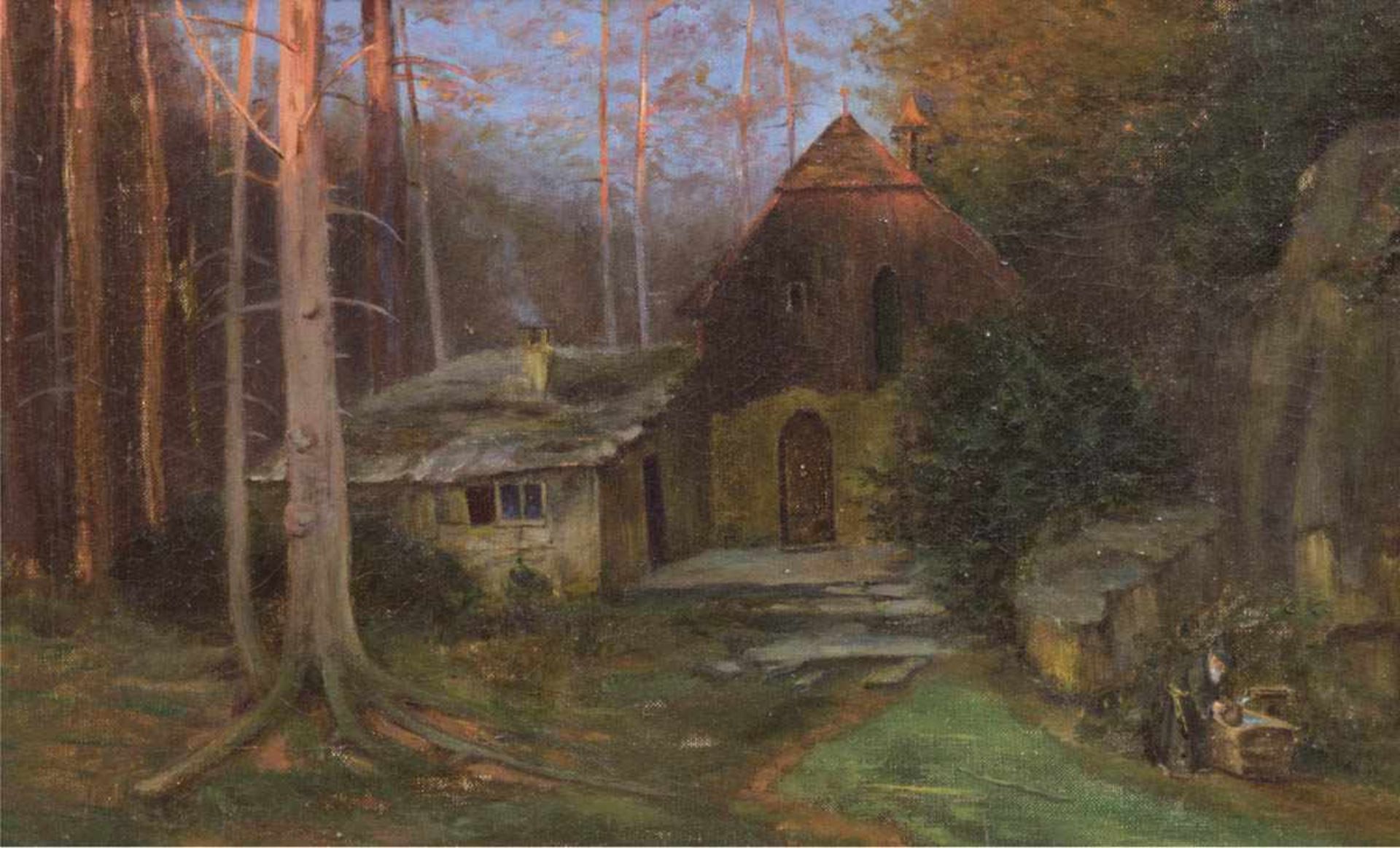 Maler des 19. Jh. "Einsiedelei", Öl/Lw., unsigniert, auf Keilrahmen bez. "August Bauer1828-1913 ",