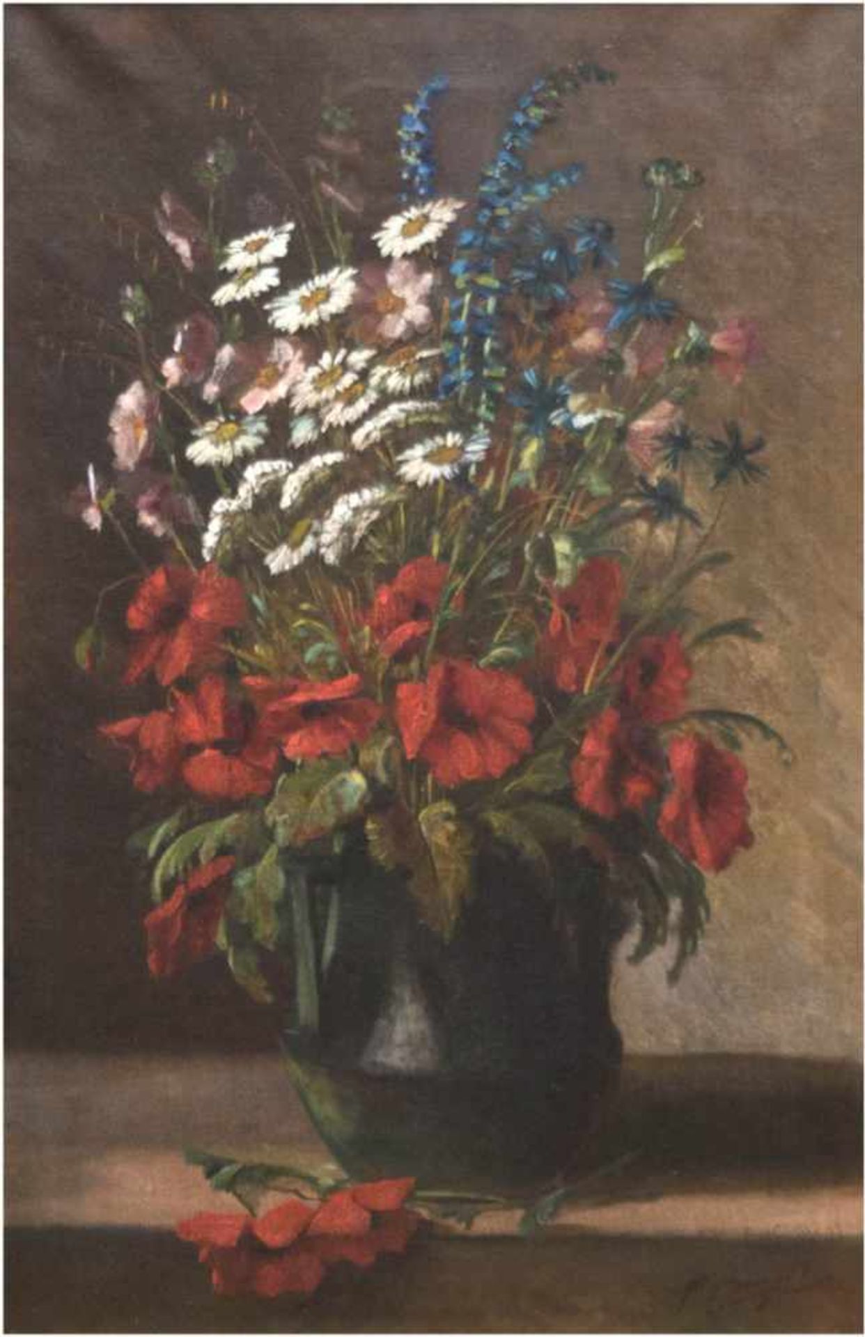 Stillebenmaler um 1910 "Sommerstrauß in der Vase", Öl/Lw., unleserlich sign. u.r., verso1x