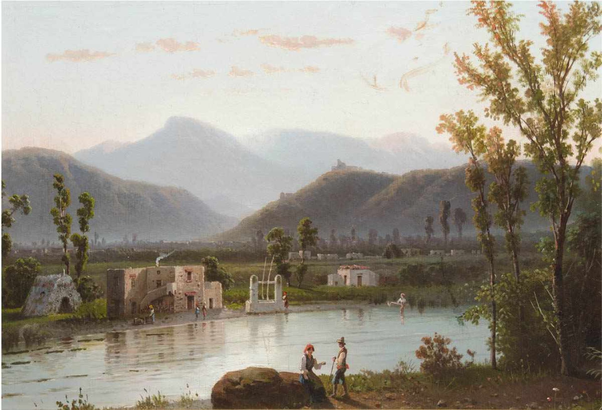 Maler (Italien des 19. Jh.) "Landschaft mit See und Personenstaffage", Öl/Hp., unsign.45x64 cm,