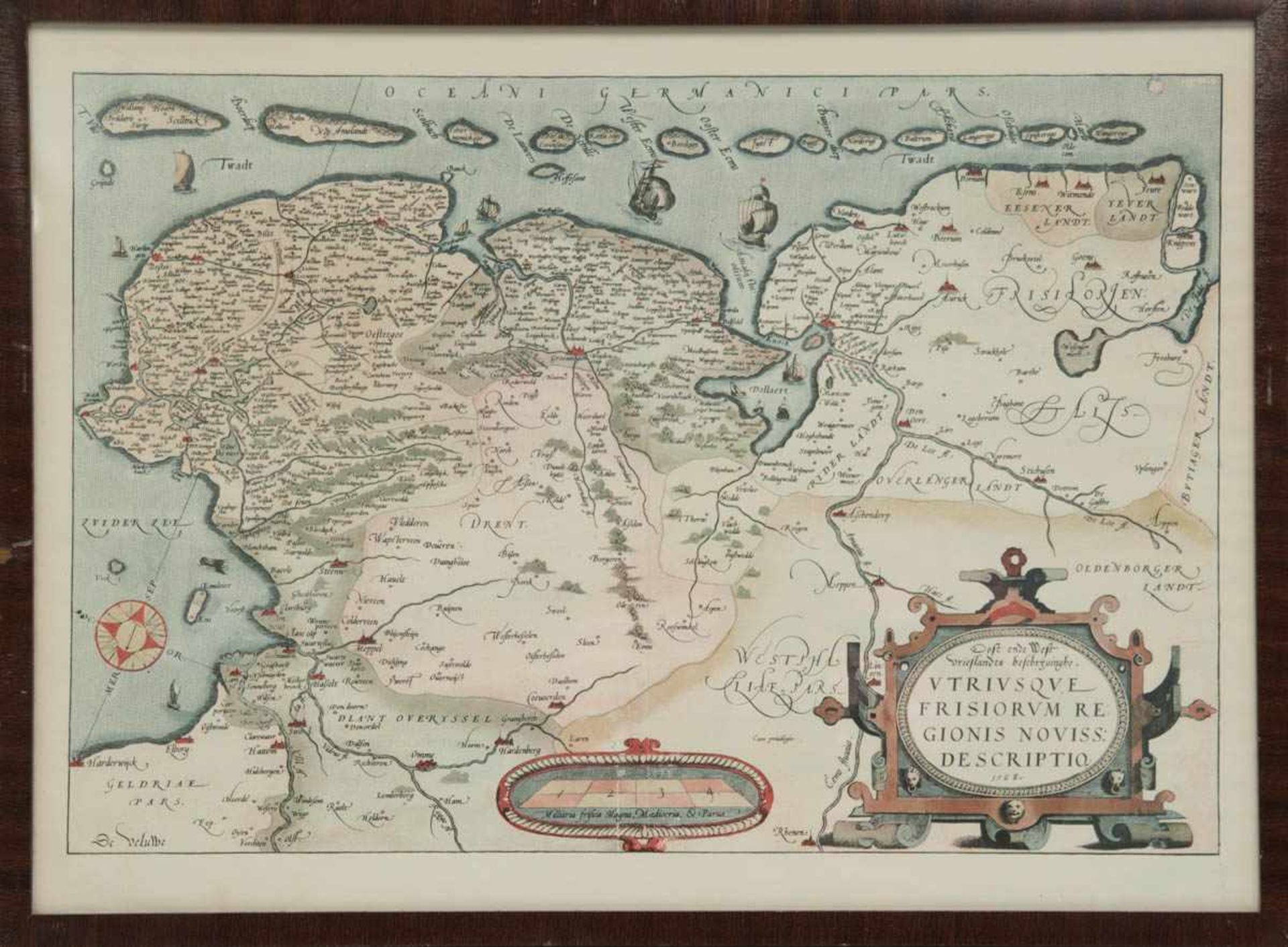 Landkarte "Friesland und Lübeck um 1568", Farblitho um 1930, verso. bez., 39x54 cm, hinterGlas im