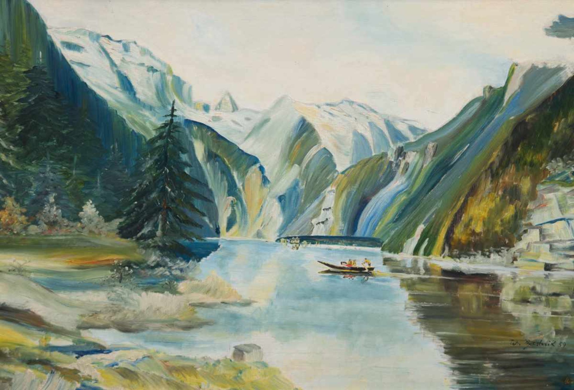 Beestnik, W. "Überfahrt über den Königssee", Öl/Faserplatte, sign. u.r. und dat.'59,70x100 cm,