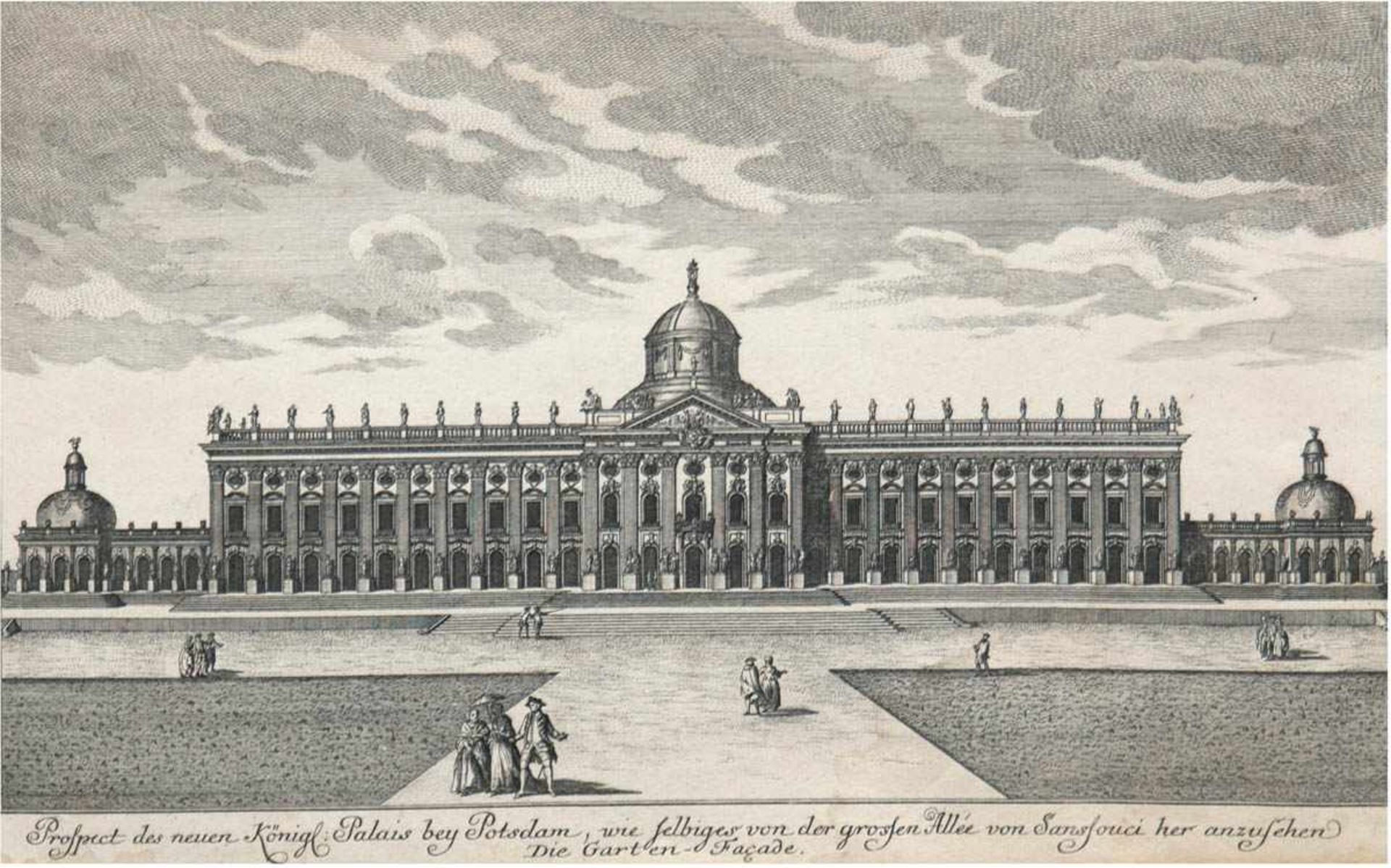 "Prospect des neuen Königl. Palais bey Potsdam...Die Garten Facade", Kupferstich, um 1780,bez.