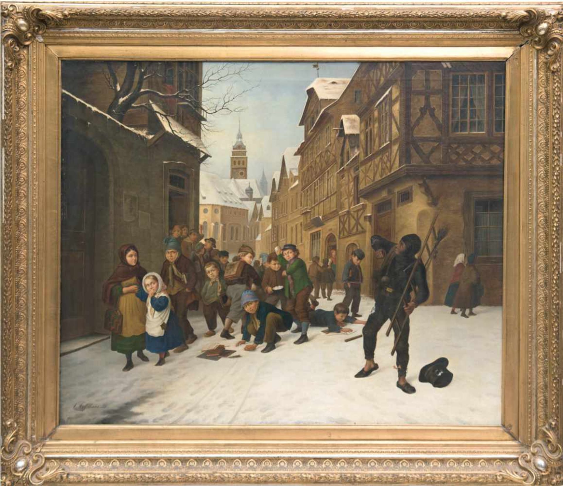 Genremaler des 19. Jh. "Nach der Sonntagsschule", Öl/Lw., sign. und dat. u.l. "C. Cossmann1880",