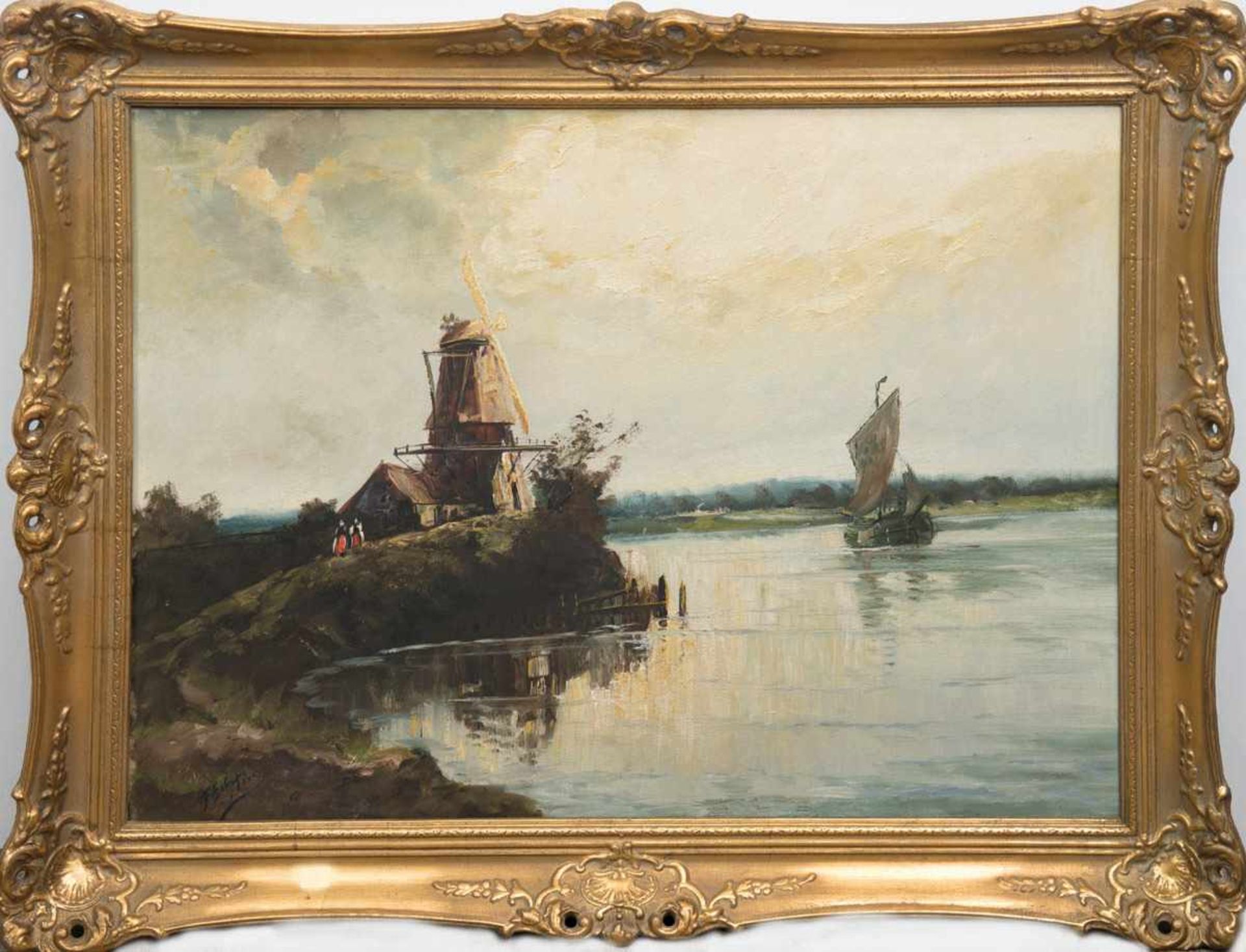 Stöver, Paula (1916 Bremen-?) "Windmühle an einem Moorsee", ÖL/Lw., sign. u.l., 60x80 cm,