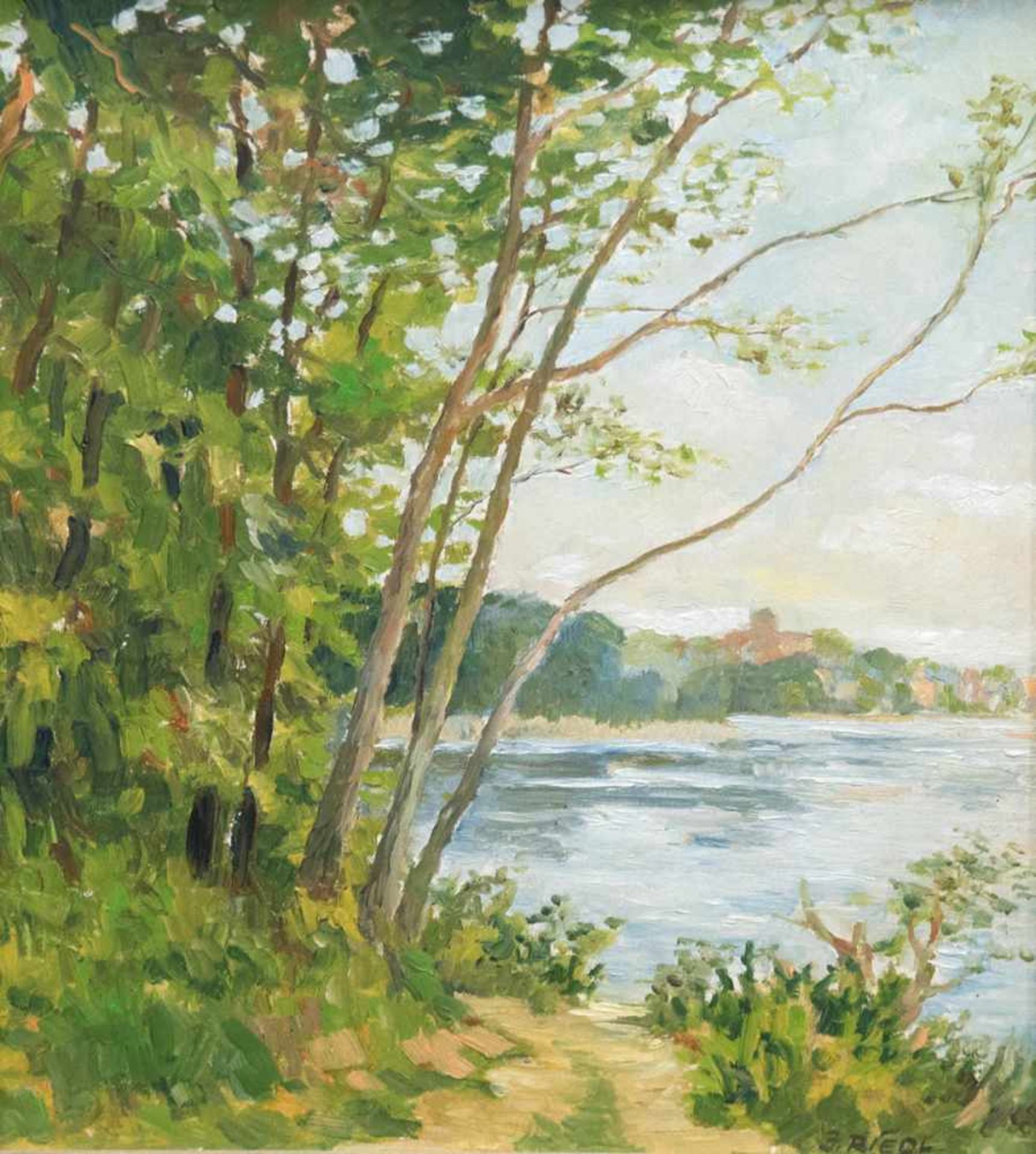 Riedl, J. (20. Jh.) "Seenlandschaft", Öl/Mp., sign. u.r., 38x30 cm, Rahmen- - -23.80 % buyer's