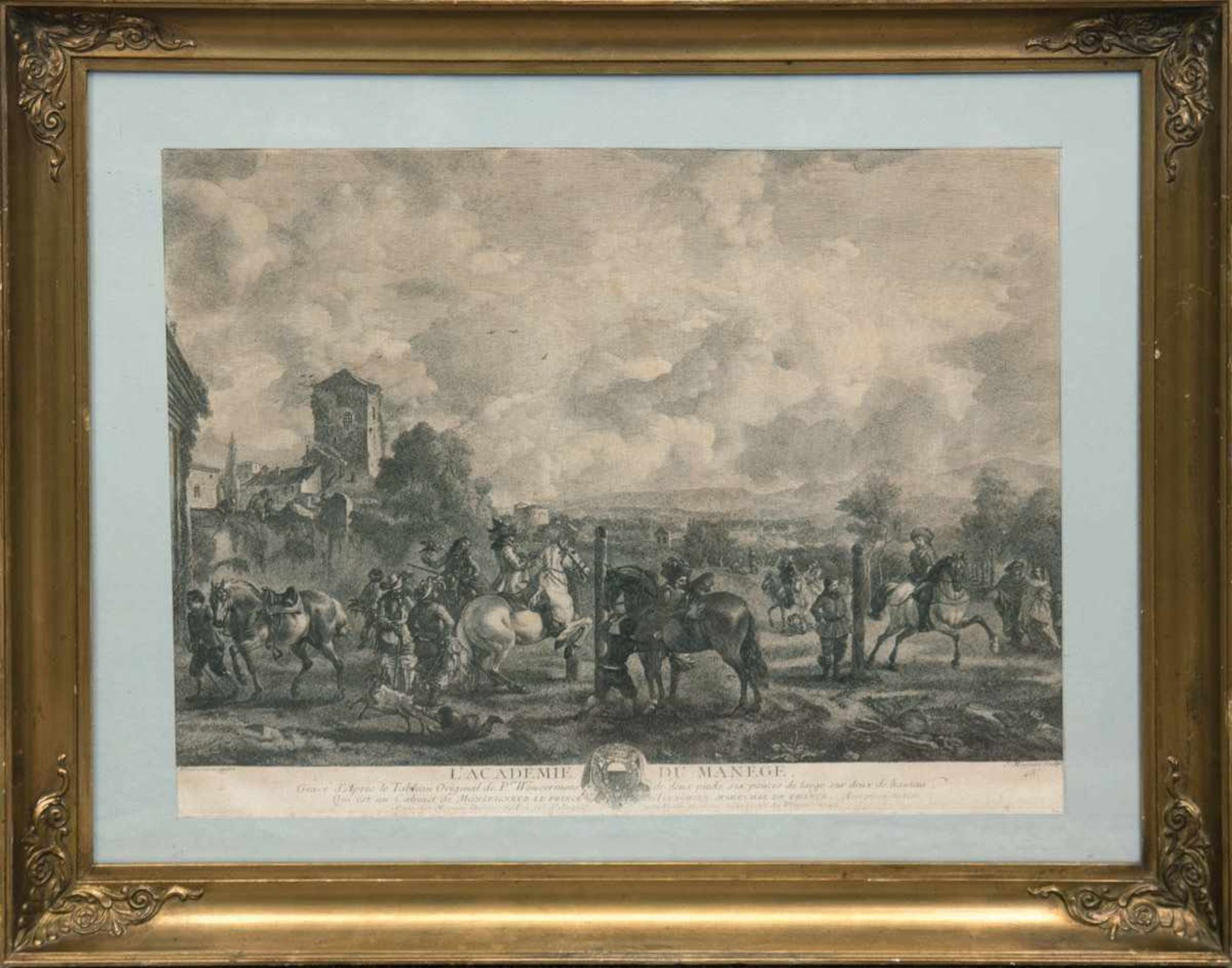 "Die hohe Reitschule", Stich nach dem Originalgemälde von P. Wouvermens, Paris 1742, 35x45cm, hinter